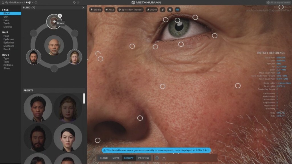 MetaHuman Creator — face blend, sculpt points, and high-fidelity skin detail.