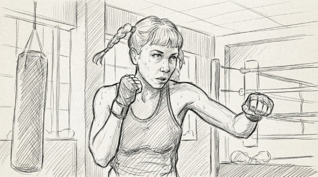 Concept & frames — boxing gym sketch, treatment energy